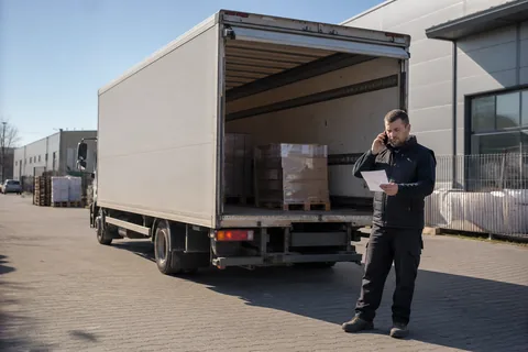 Kierowca solówki rozmawia przez telefon ze zleceniodawcą przy otwartej skrzyni ładunkowej