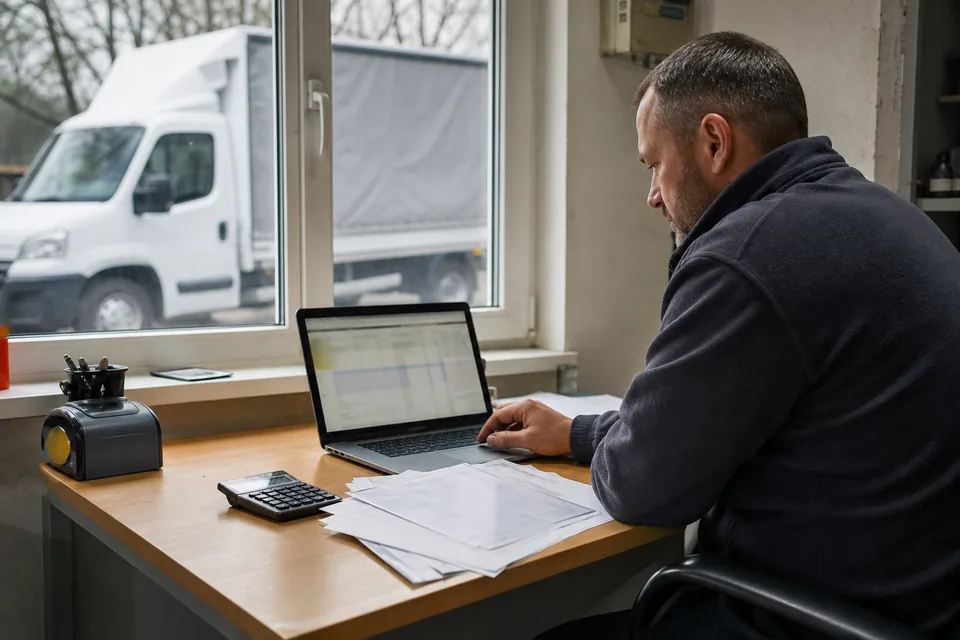 Właściciel małej firmy transportowej porównuje koszty abonamentów przy laptopie, za oknem bus do 3,5 t