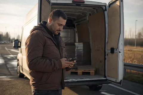 Kierowczyni busa do 3,5 t sprawdza ładunki w telefonie przy rampie magazynu