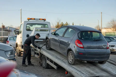 Przewoźnik wciąga osobowe auto wyciągarką na autolawetę 3,5 t przy komisie samochodowym